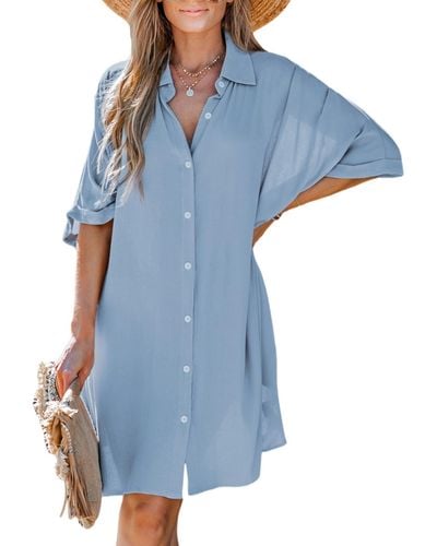 CUPSHE Flowy Button-up T-shirt Midi Beach Dress - Blue