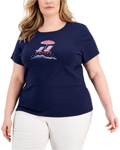 Karen Scott Plus Size Mixed-print Graphic T-shirt, Created For Macy's - Blue