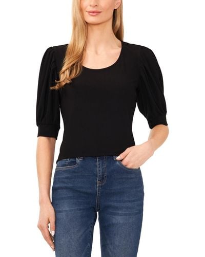 Cece Elbow-sleeve Scoop-neck Shirred Knit Top - Black