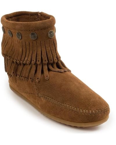 Minnetonka Double Fringe Side Zip Ankle Boots - Brown