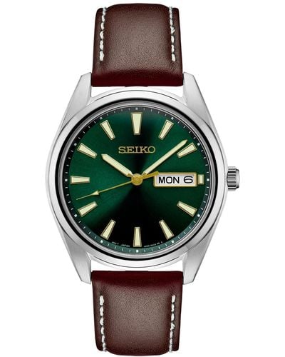 Seiko Essentials Brown Leather Strap Watch 40mm - Green
