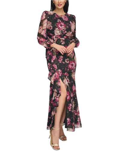Eliza J Floral-print Long-sleeve Cascade Maxi Dress - Red