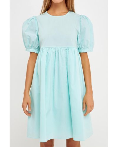 English Factory Puff Sleeve Babydoll Dress - Blue