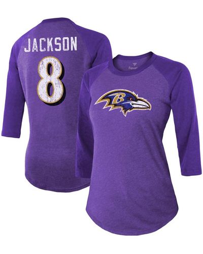 Fanatics Lamar Jackson Baltimore Ravens Team Player Name Number Tri-blend Raglan 3/4 Sleeve T-shirt - Purple