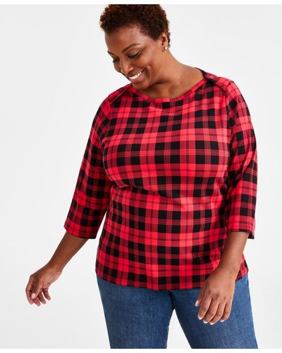 Style & Co. Plus Size Printed Pima Cotton 3/4-sleeve Top - Red