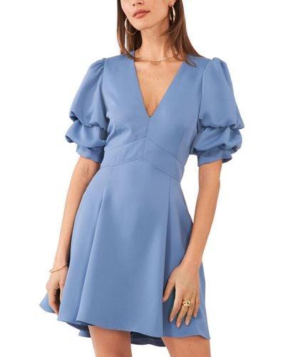 1.STATE V-neck Tiered Bubble Puff Sleeve Mini Dress - Blue