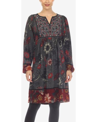 White Mark Paisley Flower Embroidered Sweater Dress - Gray