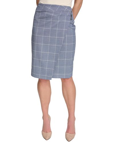 DKNY Printed Faux-wrap Buckle-trim Skirt - Blue