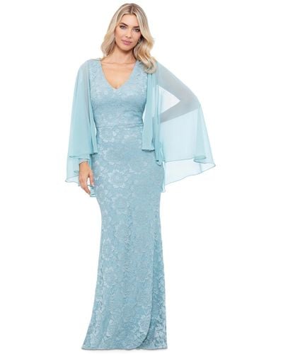 Betsy & Adam Lace Cape-sleeve Gown - Blue