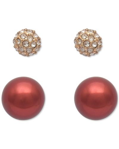Charter Club Gold-tone 2-pc. Set Pave Fireball & Colo Imitation Pearl Stud Earrings - Red