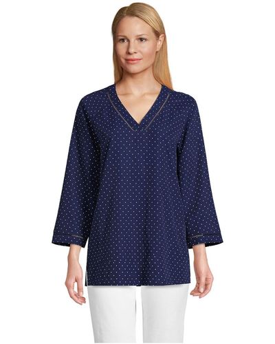 Lands' End Rayon 3/4 Sleeve V Neck Tunic Top - Blue