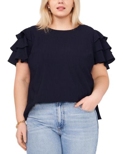 Vince Camuto Plus Size Crewneck Tiered Ruffle Sleeve Top - Blue