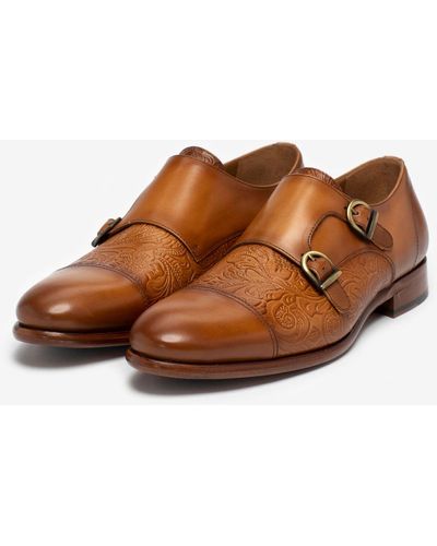 Taft Lucca Embossed Floral Leather Monk Strap Dress Shoes - Brown