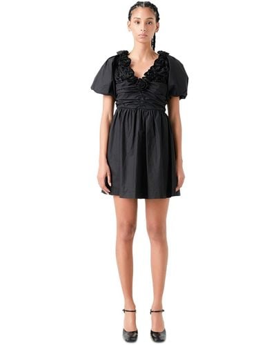 English Factory Rosette Puff-sleeve Mini Dress - Black