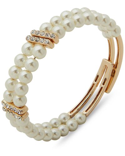 Anne Klein Gold-tone Pave & Imitation Pearl Double-row Coil Bracelet - Metallic