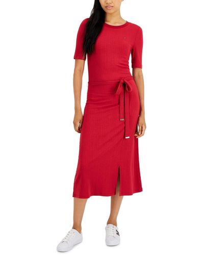 Tommy Hilfiger Ribbed Belted Midi Dress - Red