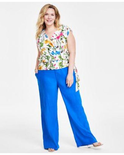 INC International Concepts Plus Size Side Tie Top Linen Blend Pants Created For Macys - Blue