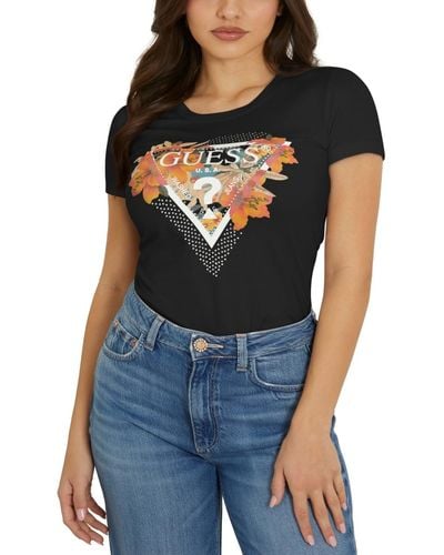 Guess Tropical Triangle Cotton Embellished T-shirt - Orange