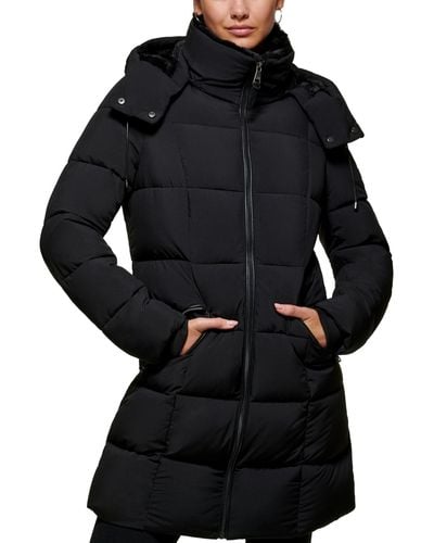 DKNY Petite Faux-leather-trim Hooded Puffer Coat - Black