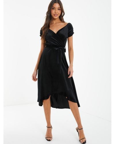 Quiz Velvet Bardot Ruched Sleeves Evening Dress - Black
