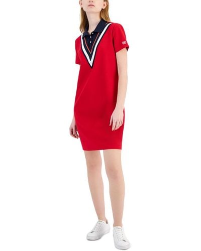 Tommy Hilfiger Chevron Colorblocked Polo Dress - Red