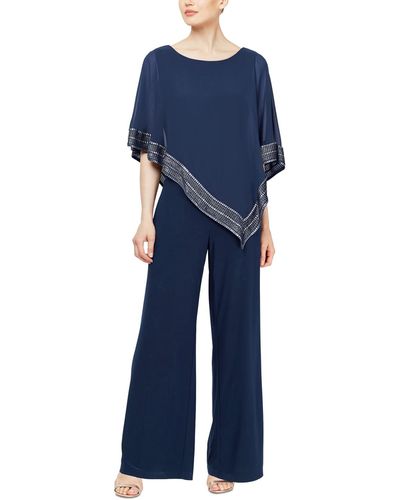 Sl Fashions Petite Asymmetrical-overlay Jumpsuit - Blue