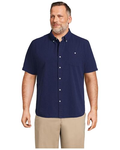 Lands' End Big & Tall Traditional Fit Short Sleeve Seersucker Shirt - Blue