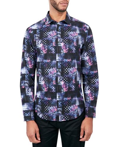 Society of Threads Regular-fit Non-iron Performance Stretch Patchwork-print Button-down Shirt - Blue