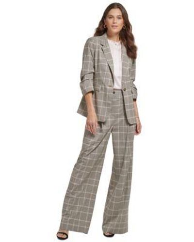 DKNY Petite Plaid Notch Collar Ruched Sleeve Jacket Wide Leg Essex Pants - Multicolor