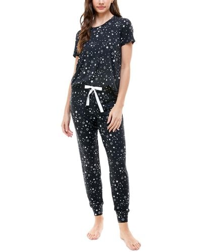 Roudelain Printed Short Sleeve Top & jogger Pajama Set - Black