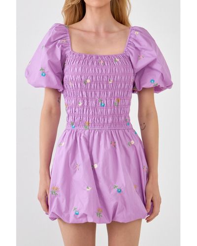 English Factory Floral Embroidery Smocked Dress - Purple