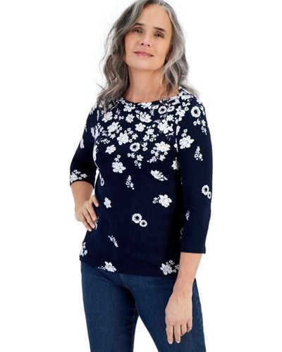 Style & Co. Printed Pima Cotton Boat-neck 3/4-sleeve Top - Blue
