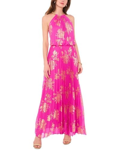 Msk Petite Pleated Gold-print Gown - Pink