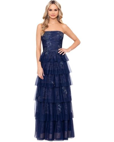 Xscape Off-the-shoulder Tiered Mesh Ballgown - Blue