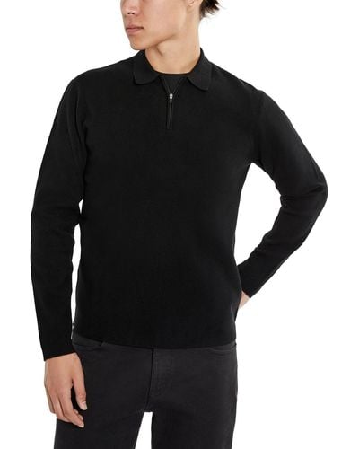 Kenneth Cole Slim-fit Zip-placket Long Sleeve Polo Sweater - Black