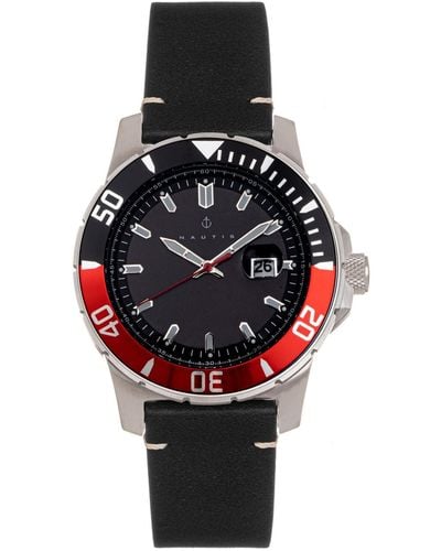Nautis Dive Pro 200 Black Or Brown Genuine Leather Band Watch - Red