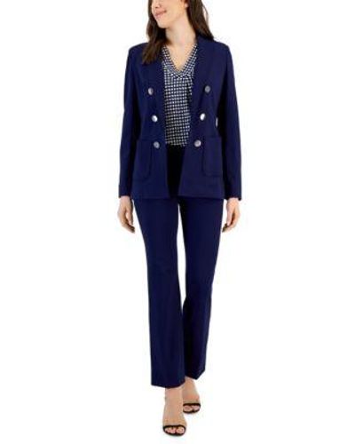 Anne Klein Faux Double Breasted Blazer Printed Pleat Front Top Pull On Slash Pocket Pants - Blue