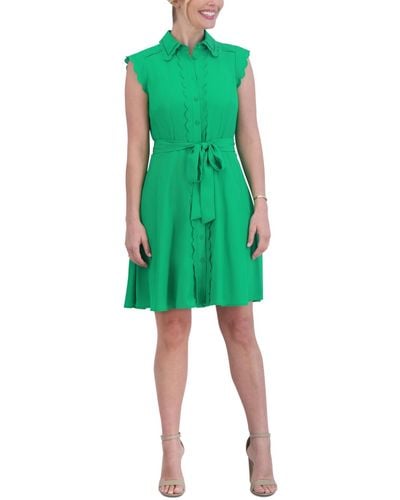 Eliza J Scallop-trim Tie-waist Collared Shirtdress - Green