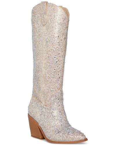 Madden Girl Arizona-r Rhinestone Embellished Knee High Cowboy Boots - Natural