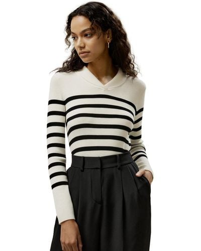 LILYSILK Striped Ultra-fine Wool Sweater - Black