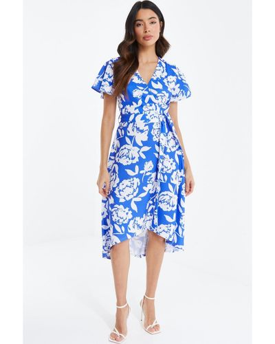 Quiz Floral Printed Wrap Summer Dress - Blue