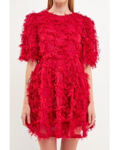 Endless Rose Gridded Mesh Feathered Puff Sleeve Mini Dress