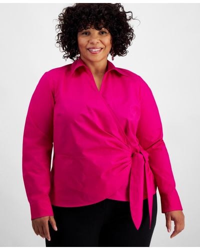 INC International Concepts Plus Size Cotton Collared Wrap Top - Pink