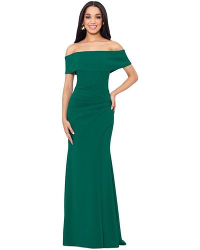 Betsy & Adam Off-the-shoulder Front-slit Gown - Green