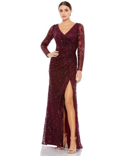 Mac Duggal Long Sleeve Ruched Sequined V-neck Gown - Red
