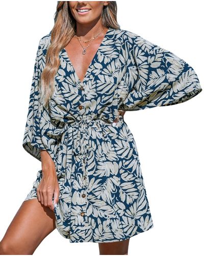 CUPSHE Tropical V-neck Flared Sleeve Mini Beach Dress - Blue