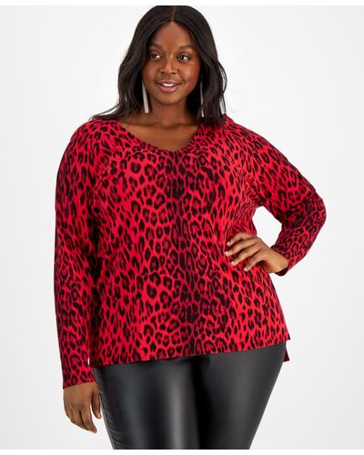 INC International Concepts Leopard-print V-neck Sweater - Red