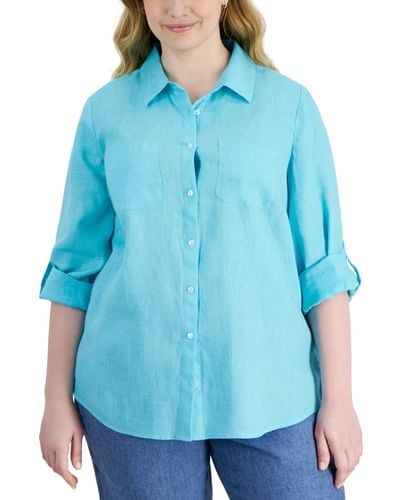 Charter Club Plus Size 100% Linen Roll-tab Shirt - Blue