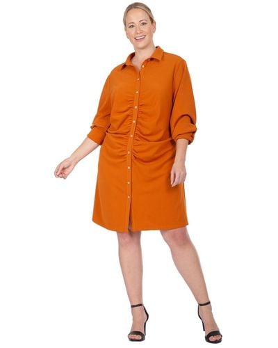Standards & Practices Plus Size Ruched Front Buttoned Down Mini Shirt Dress - Orange