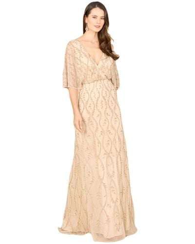 Lara Illusion Cape Sleeve Beaded Gown - Natural